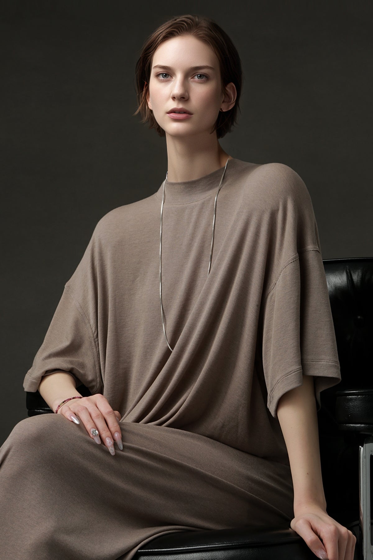 PIAOIN minimalist style nude tencel wool t-shirt skirt versatile dress -LYDIA