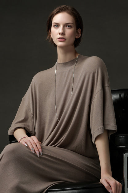 PIAOIN minimalist style nude tencel wool t-shirt skirt versatile dress -LYDIA