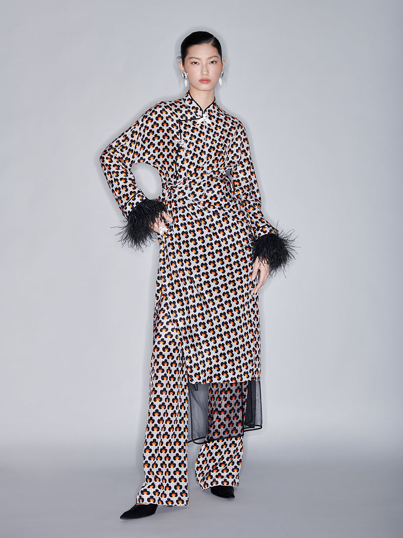 M essential Mackay designer ostrich feather trim dress mesh skirt kaftan dress top set - raj.