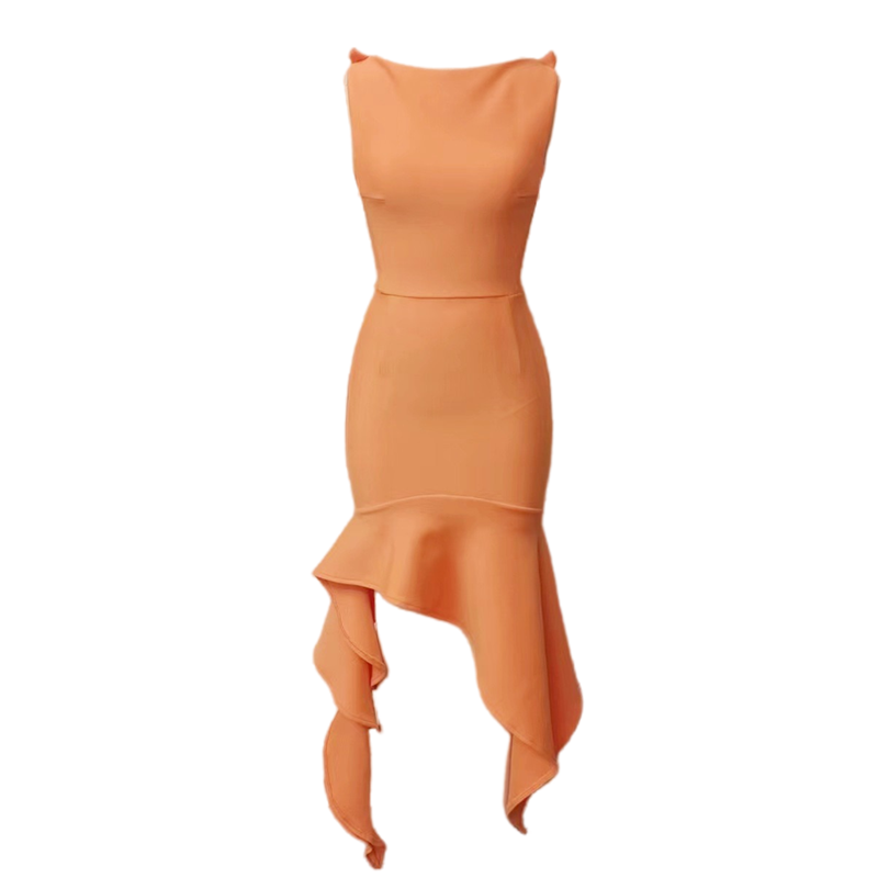 DOLLY Elegant Orange Sleeveless Slim Fit Irregular Hem Formal Dinner Dress-JOSEFINA