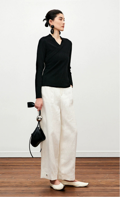 ZHUCHONGYUN black jacquard knitted wool V-neck long sleeves slim fit top -ILLIT.