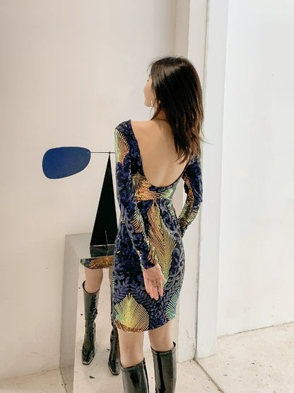 DOLLY Elegant Crew Neck Long Sleeve Slim Fit Short Sequin Party Dress-CONNIE