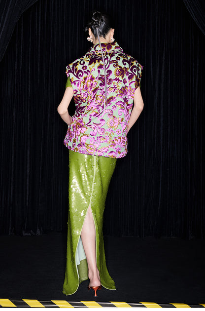 M essential Mackay luxury multi-color embroidered gilet vest top sequin green skirt - twelve