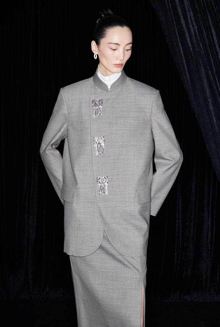 M essential Mackay designer raw linen skinny wool crystal lamp tassel bead suit - CHEN.