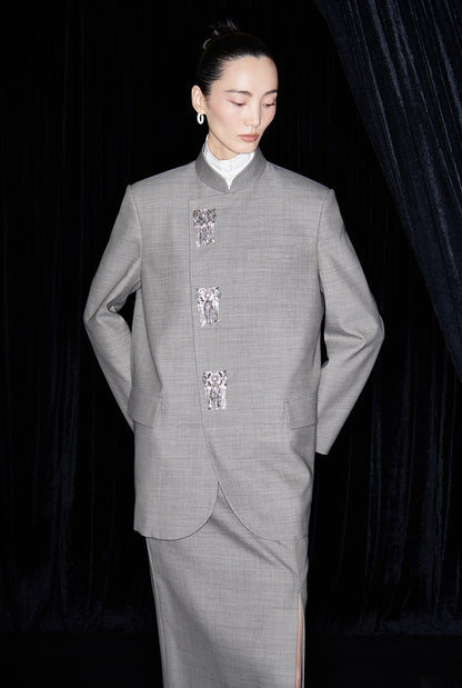 M essential Mackay designer raw linen skinny wool crystal lamp tassel bead suit - CHEN.