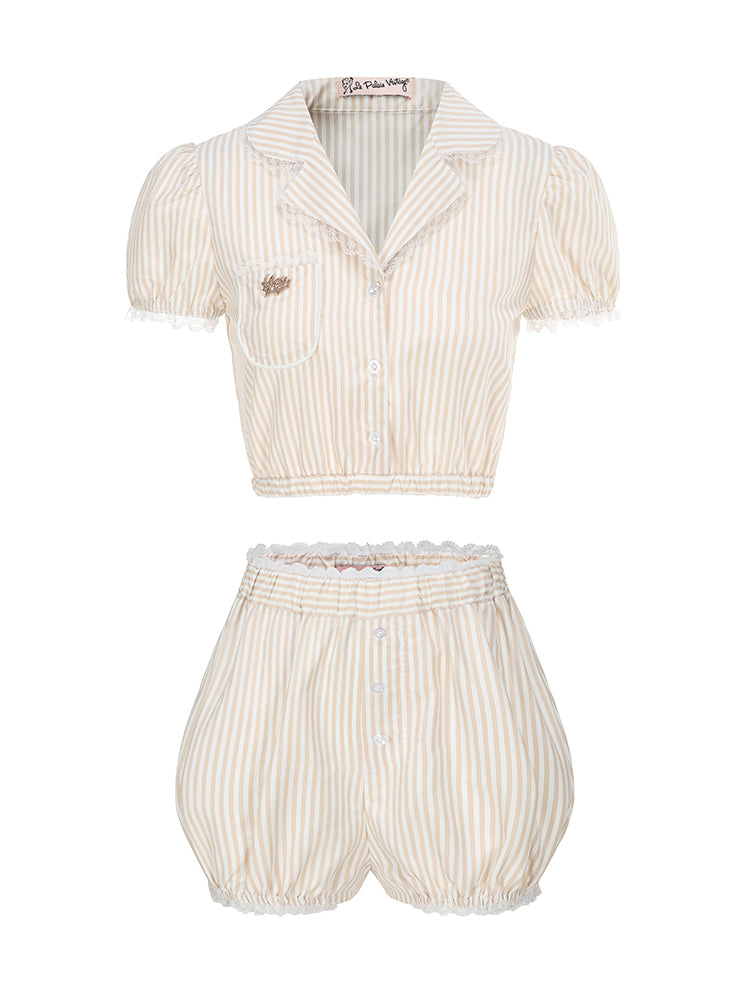 Le Palais Vintage  Sweet and Spicy Girly Short Puff Sleeve Shirt High Waist Pumpkin Shorts-QUINN