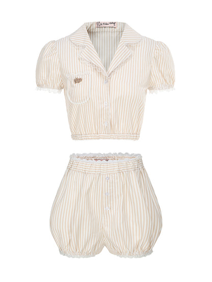 Le Palais Vintage  Sweet and Spicy Girly Short Puff Sleeve Shirt High Waist Pumpkin Shorts-QUINN