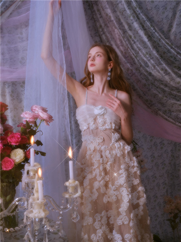 Wardrobes by Chen Luxury White/Beige Sleeveless  Flower Dress-Leah