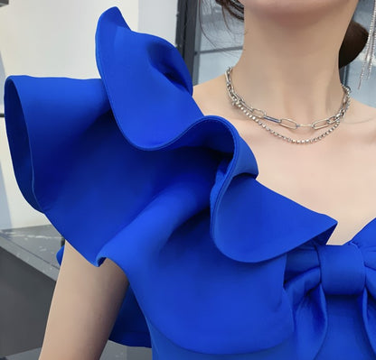 DOLLY Luxury Slant Collar Sleeveless Big Bow Ruffle Short Birthday Dress-MAYE