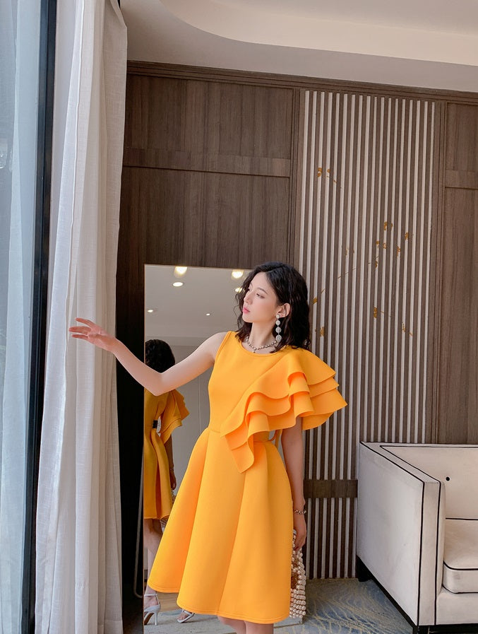 DOLLY Luxury Retro Style Crew Neck One Shoulder Ruffle Sleeves Midi Office Dress-CLAUDI