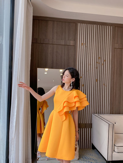 DOLLY Luxury Retro Style Crew Neck One Shoulder Ruffle Sleeves Midi Office Dress-CLAUDI