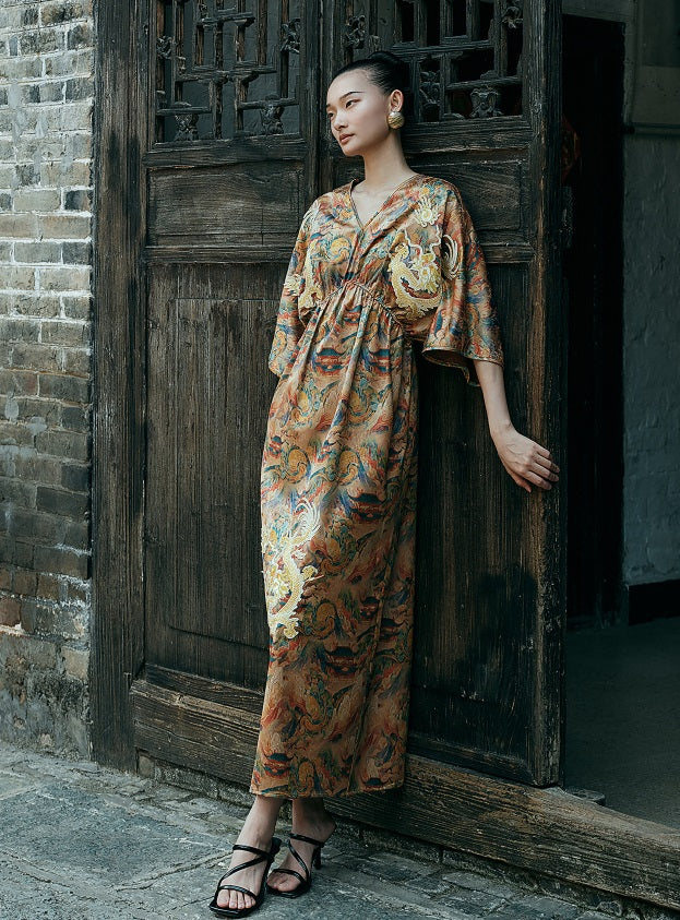 HECO Chinese Waist Cinched V-Neck Dress - QIN