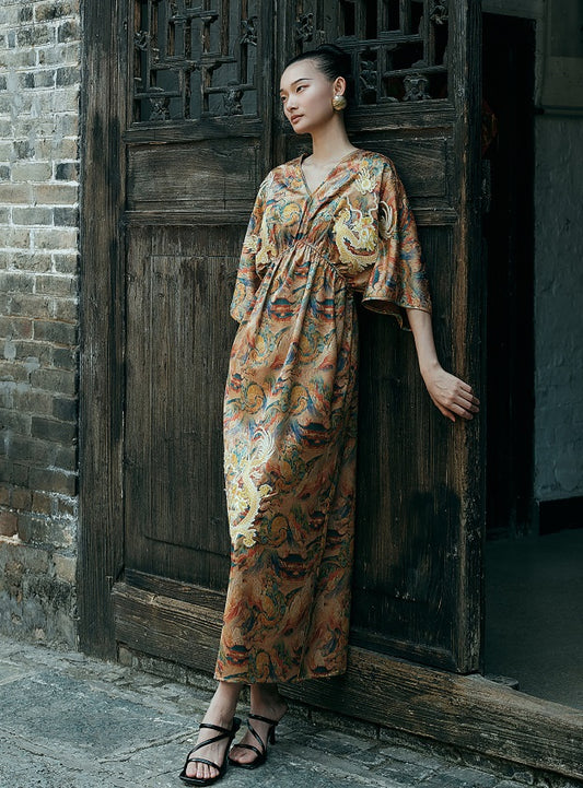 HECO Chinese Waist Cinched V-Neck Dress - QIN