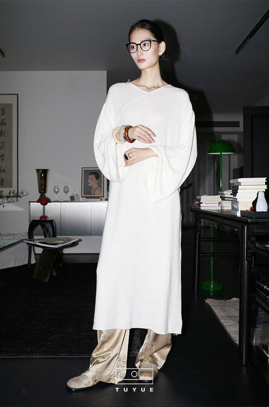 TUYUE Wool Crew Neck Slanted Placket Long Sleeve Knitted Dress - MARIA.