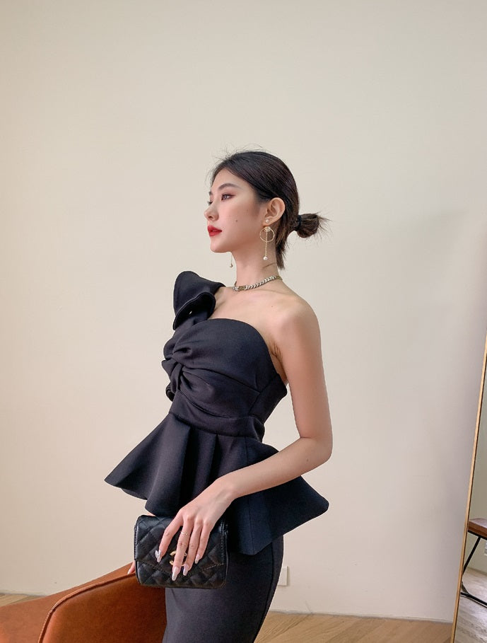 DOLLY Elegant French Style Off Shoulder Ruffle Short Top+ High Waist Skirt-LOIS