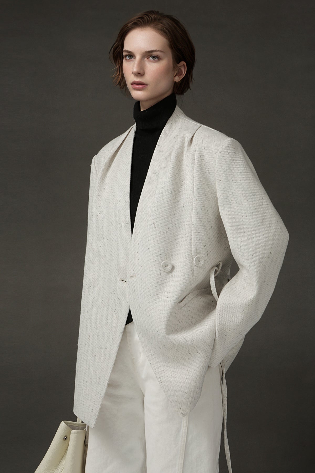 PIAOIN light style shoulder shirring elegant V-neck suit women's waist blazer-FATE