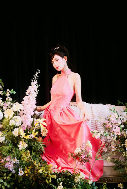 DOLLY Elegant Pink Halter Neck Sleeveless Long Loose A-Line Evening Dress-AMELIA