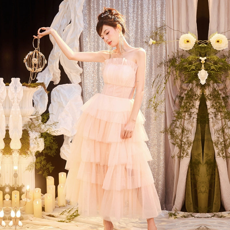 DOLLY Luxury Peach Pink French Style Tube Top Sleeveless High Waist Prom Dress-PEACHES