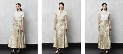 HECO high waist pleat blue purple green jacquard Embossed Skirt Women - king.