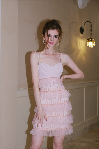 Wardrobes by Chen Light Luxury Embroidered Bead High Waist Short Dress-Safeera