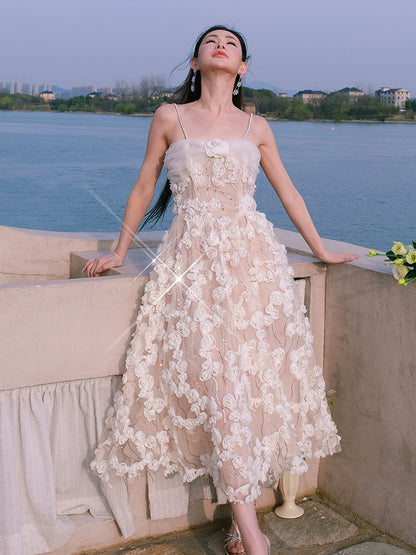 Wardrobes by Chen Luxury White/Beige Sleeveless  Flower Dress-Leah