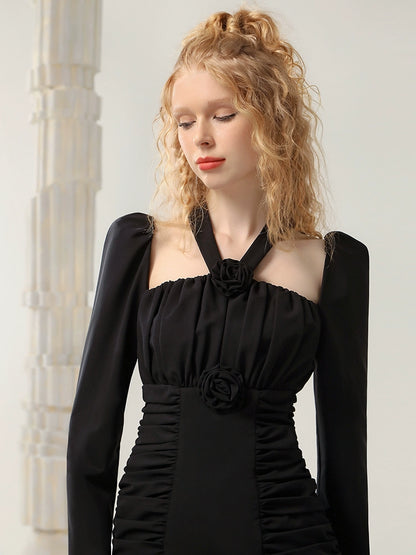 CHECOCRE Elegant Three-dimensional Flower Halterneck Mini Dress - PAIGE