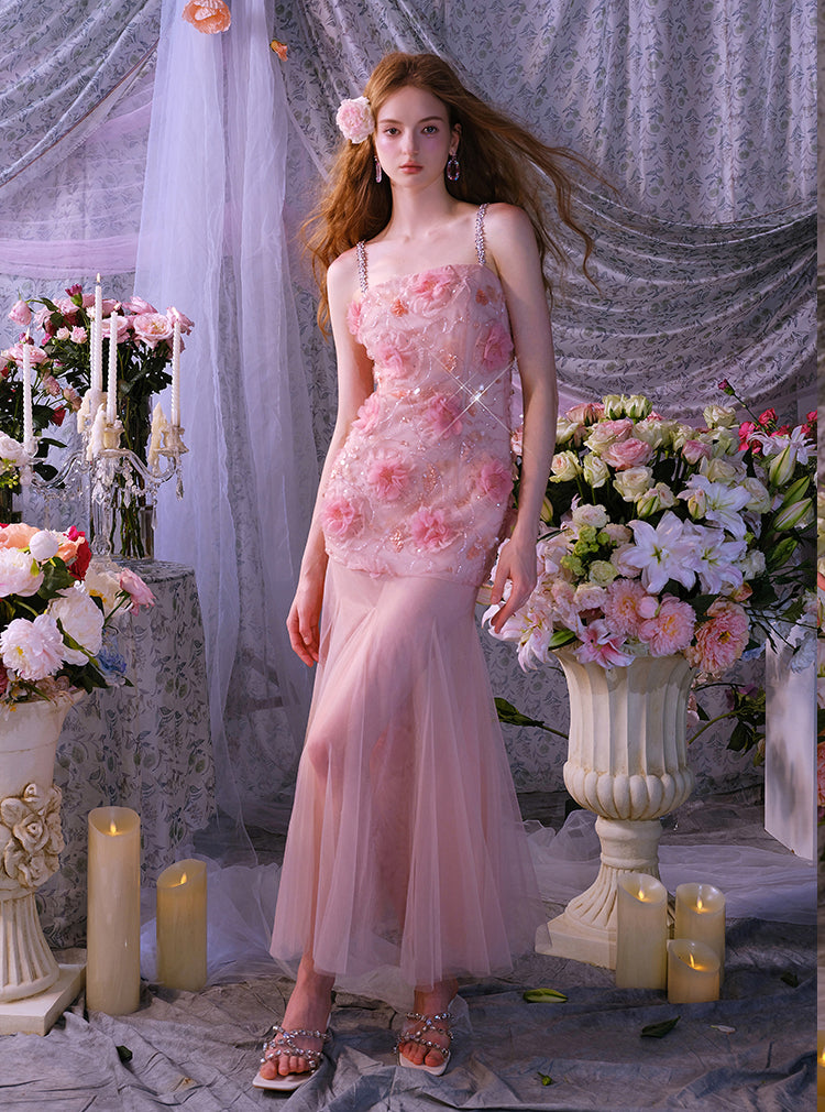 Wardrobes by Chen High End Pink Sleeveless Flower applique Sequin Dress-Bena