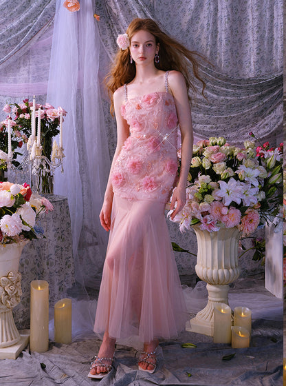 Wardrobes by Chen High End Pink Sleeveless Flower applique Sequin Dress-Bena