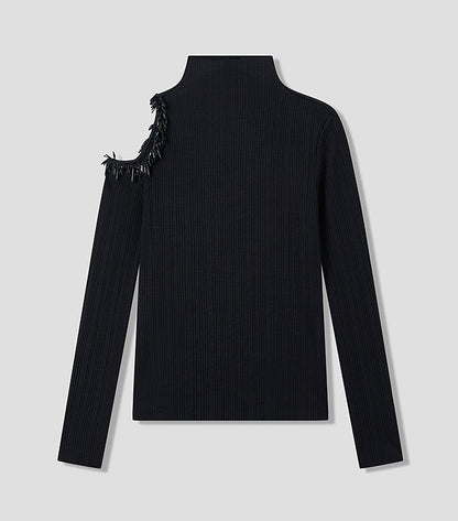 COMME MOI Lu Yan designer's new women's off-the-shoulder stud bead slim wool knitwear - TIRED.