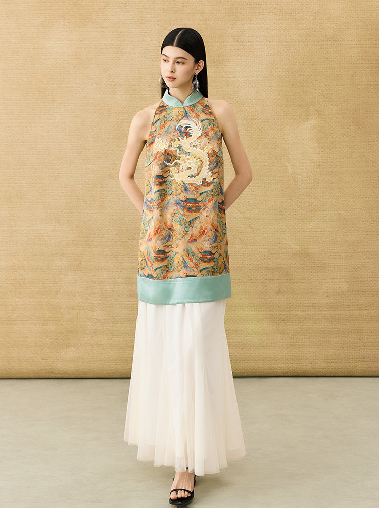 HECO Chinese Stand Collar Color-Blocked Golden Dragon Embroidery Dress - ZIPH