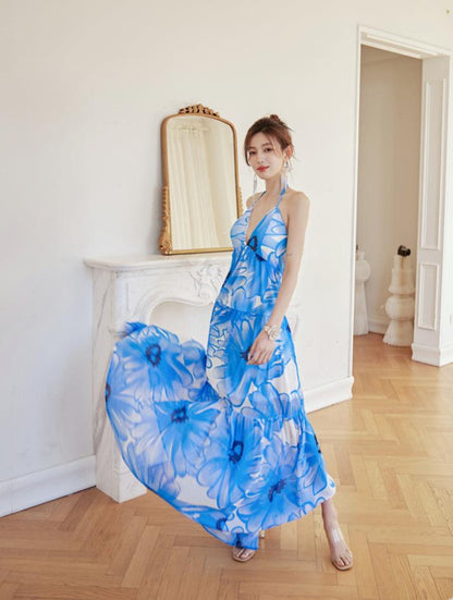 DOLLY Elegant Blue Sleeveless Printed Halter Neck Chiffon Long Resort Dress-HARRIET