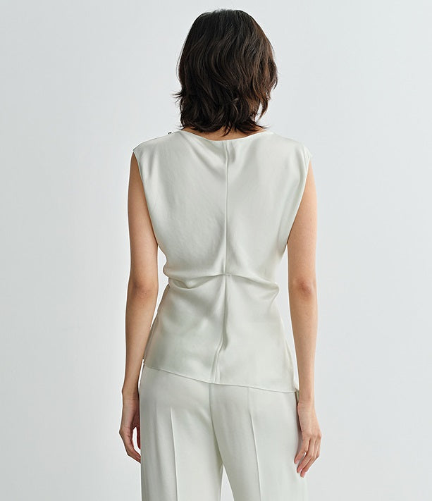 COMME MOI Oblique Shoulder Cutout Acetate Cap Sleeve Green Shirt - SUN.