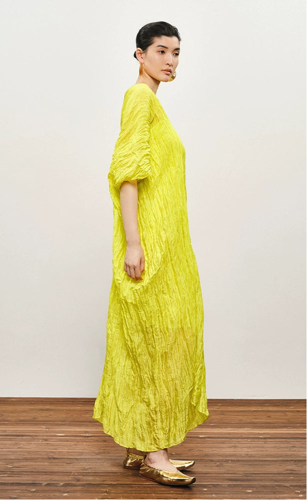 ZHUCHONGYUN yellow pleated dropped shoulder silhouette dress-MIKESE.