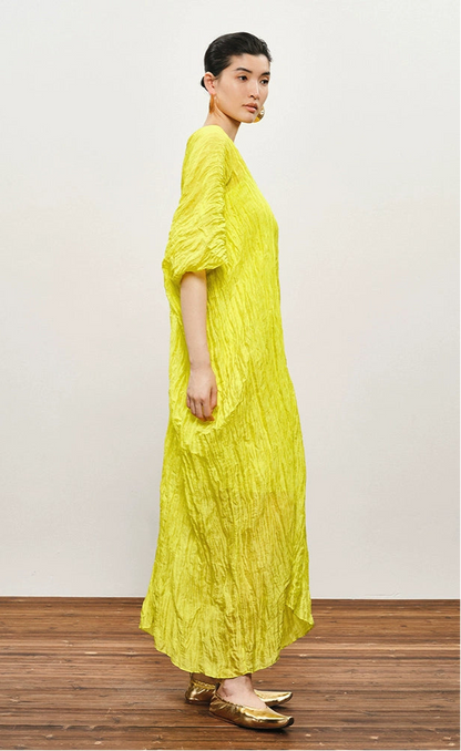 ZHUCHONGYUN yellow pleated dropped shoulder silhouette dress-MIKESE.