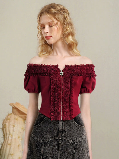 CHECOCRE summer new one-shoulder lace knit top embroidered rose denim suit skirt - HEART.