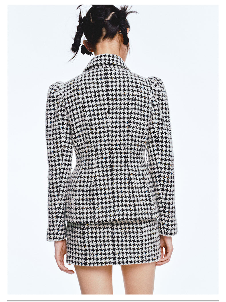 Limited edition Autumn PU leather big bow tweed houndstooth blazer