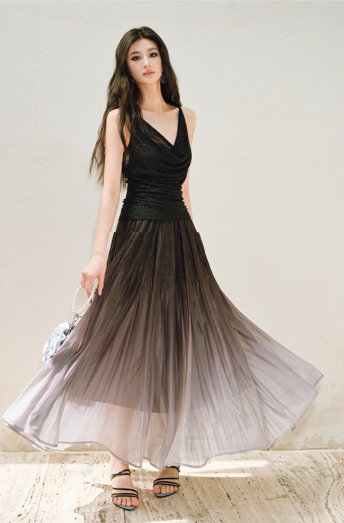 WANGXO |High-Waisted Umbrella Hem Romantic Skirt with Luxe Shimmer-LINA