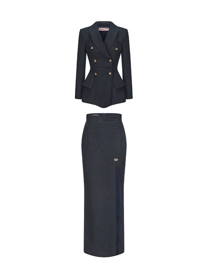 Le Palais Vintage Luxury Navy Blue Lapel Long Sleeve Suit + Long Slit Skirt-ZANE.