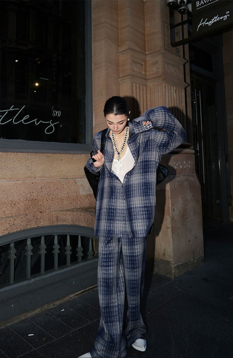 MEI SANGUAN Plaid Long-Sleeve Shirt & Wide-Leg Pants Suit- BENNY