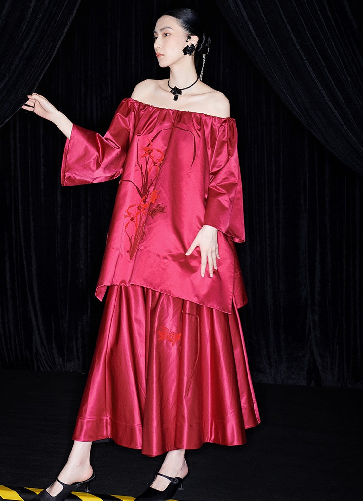 M essential Mackay designer red goldfish bead off shoulder top pleated skirt set- plum.