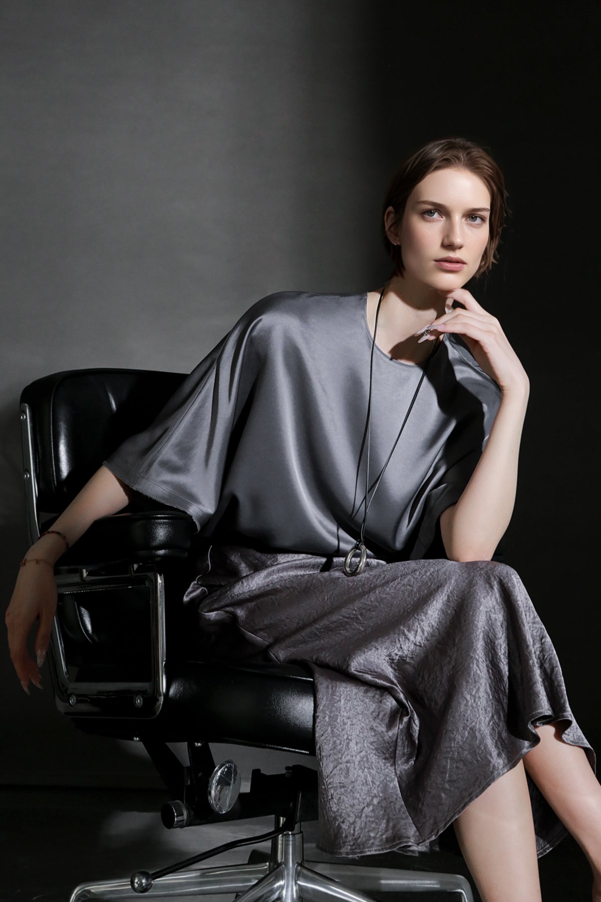 PIAOIN light luxury acetate satin glossy mid sleeve body shirt - CHARLOTTE