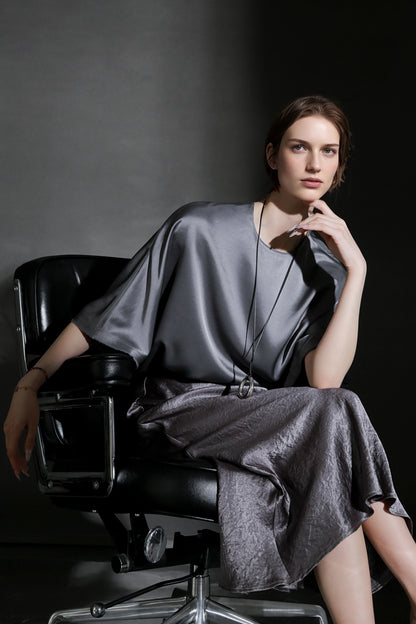 PIAOIN light luxury acetate satin glossy mid sleeve body shirt - CHARLOTTE