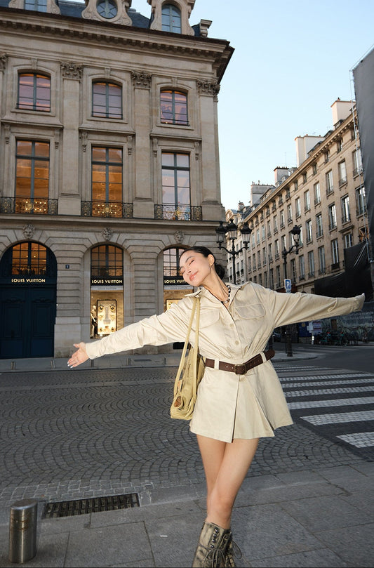 MEI SANGUAN Beige Long-sleeved Short Shirt Dress - BERRYL