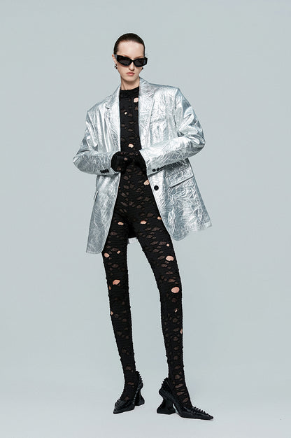 ANNAKIKI Designer Futuristic Leather Loose Silhouette Blazer-OKABE