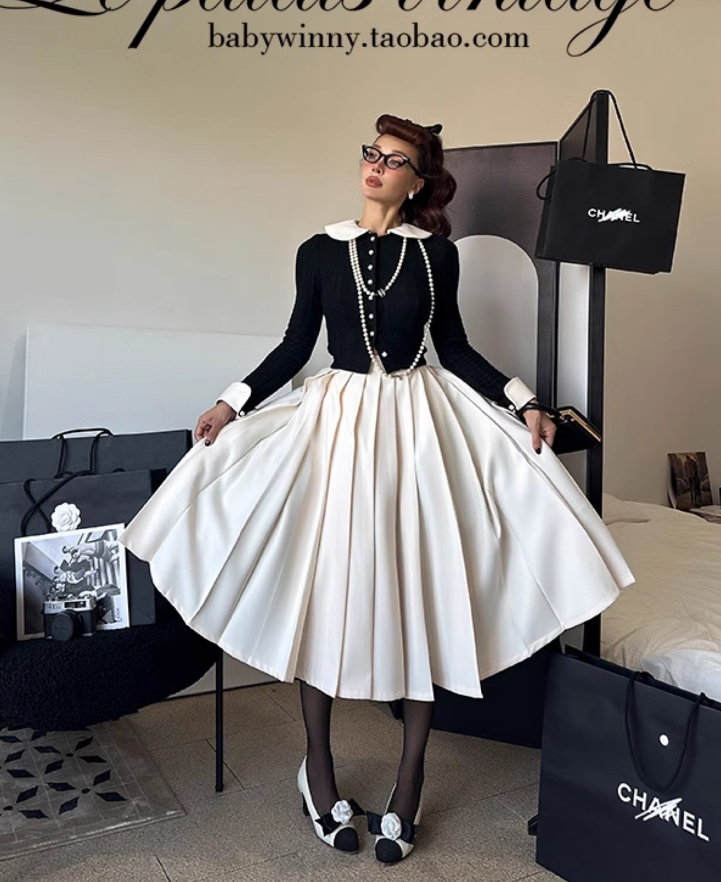 Le Palais Vintage Elegant Black and White Round Neck Cardigan High Waist Pencil Office Skirt-Ivy