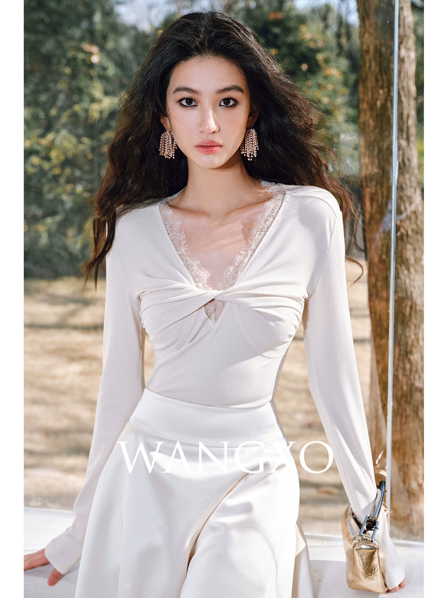 WANGXO | Sprinkled Silver Knit Lace Inlay with Twisted Pleated V-Neck Top- SIA.