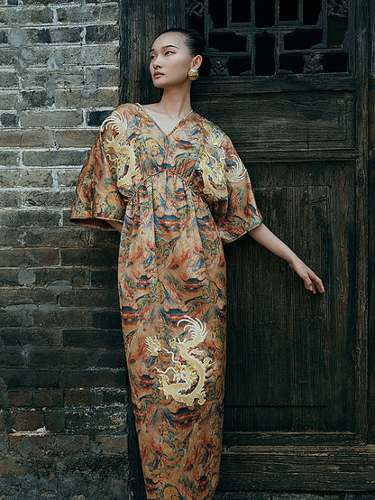 HECO Chinese Waist Cinched V-Neck Dress - QIN