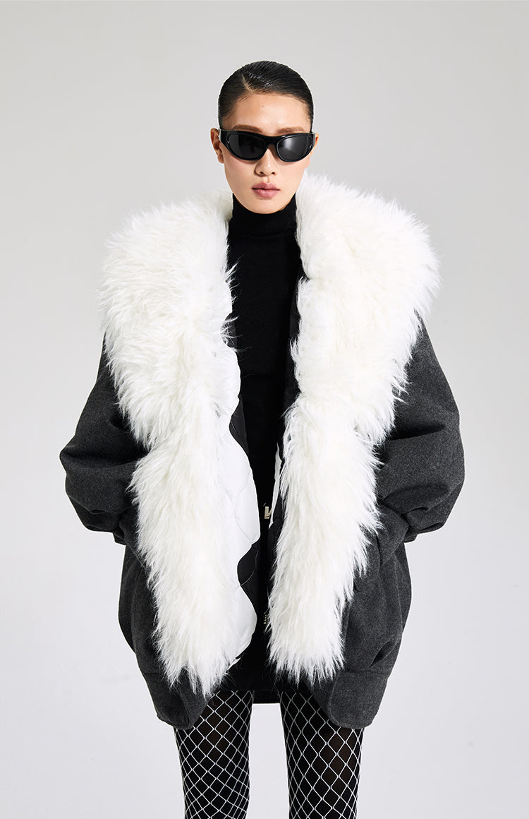 LEDIM W big fur collar hooded cotton suit coat jacket - siije
