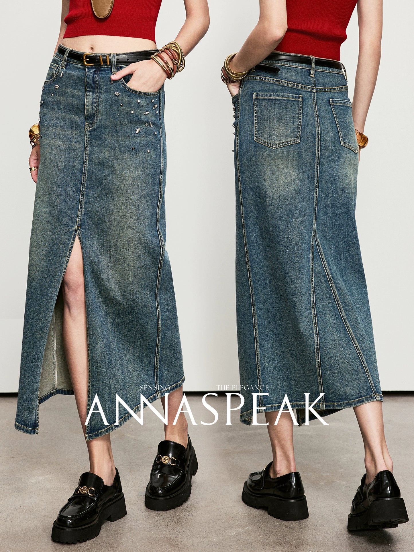 ANNASPEAK Denim long staple cotton slit skirt denim skirt-ISLE.