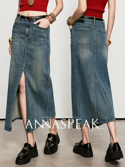ANNASPEAK Denim long staple cotton slit skirt denim skirt-ISLE.